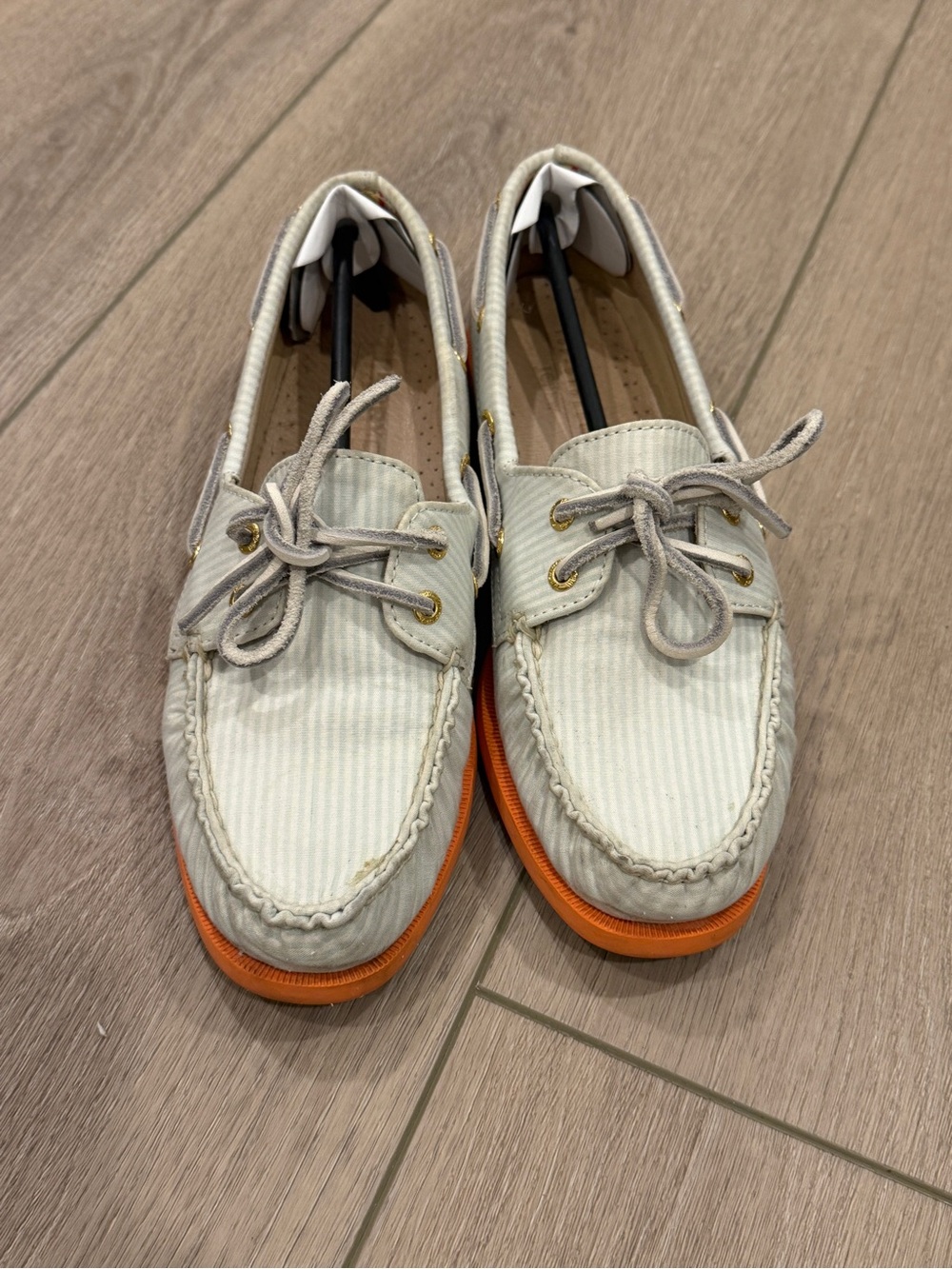 J.Crew x Sperry Top-Sider Boat Shoes Size 8 Striped Fabric Orange Sole Trim